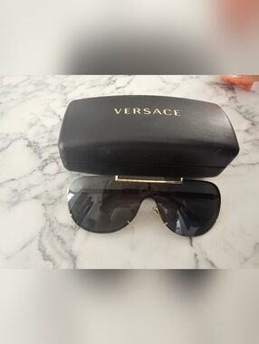 Versace Black Shield Sunglasses with Gold Accents